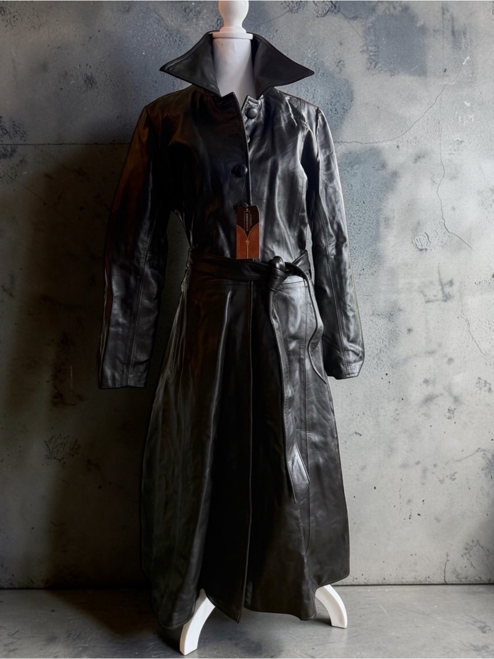 Women's Black Leather Trench Coat with Belt